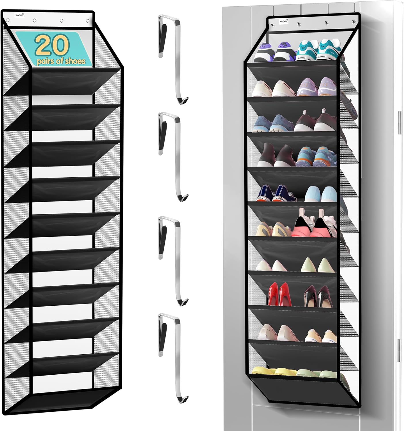 Kotkn 35 Compartment Over The Door Storage - Breathable Mesh Hanging Organizer with Large Pockets, Space Saving Design for Men & Women's Footwear, Closet, Bedroom （White）