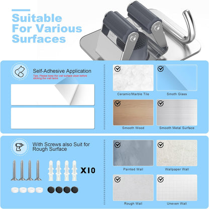 4 Pack Stainless Steel Mop and Broom Gripper with Hook, Screw Drilling or Self Adhesive Mop and Broom Holder Wall Mount, Storage Rack for Closet Laundry Garage Garden Tool Organizer, Silver