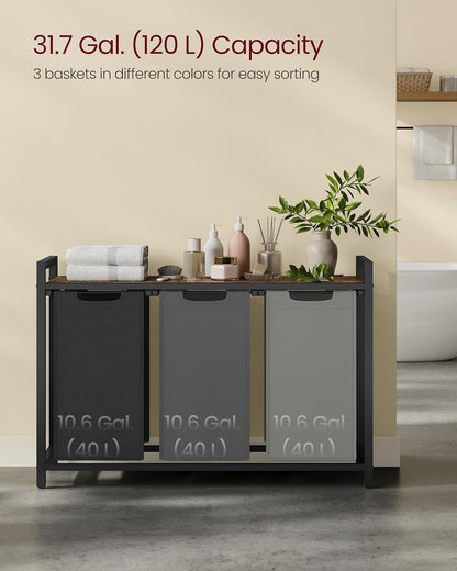 VASAGLE Laundry Hamper, Laundry Basket Sorter with 3 Pull-Out and Removable Bags, Shelf, Metal Frame, 3 x 10.6 Gallons (40 L), 36.4 x 13 x 28.4 Inches, Cappuccino Beige and Natural Beige UBLH301LH01