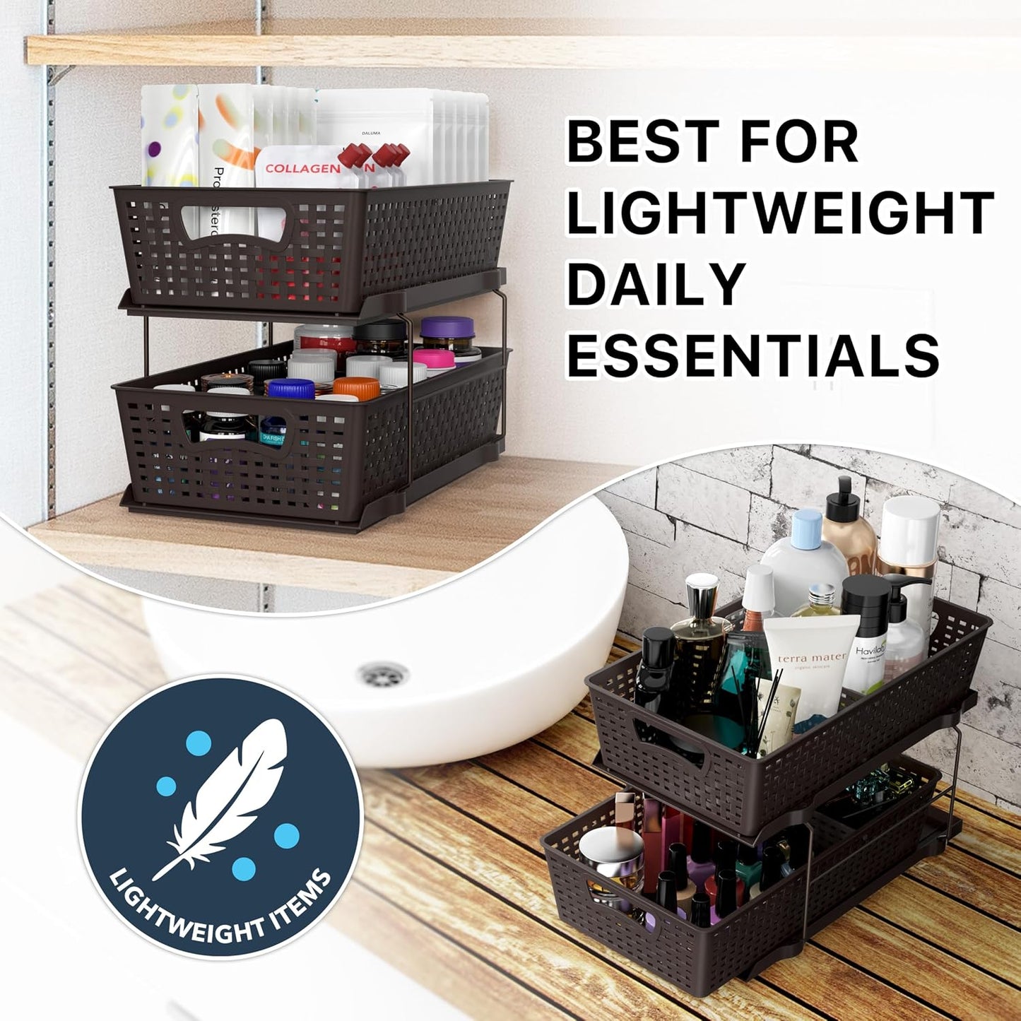 Simple Houseware 2 Tier Bathroom Organizer Tray Pull-Out Sliding Drawer/Under-Sink Storage, Clear
