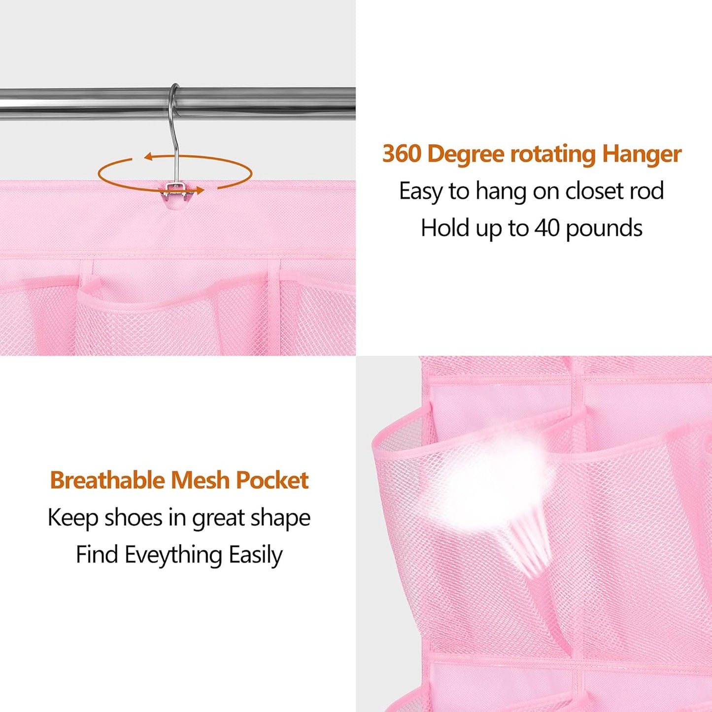 MISSLO 30 Large Pockets Dual Sided Hanging Shoe Organizer for Closet with Rotating Hanger Hanging Shoe Shelves, Grey
