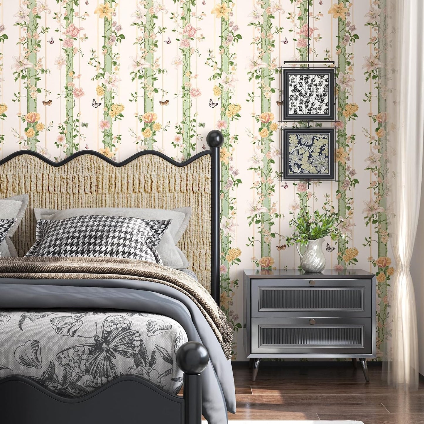 BOKEBEVE Leaves Contact Paper Floral Wallpaper Stick and Peel Boho Damask Wall Paper for Liner Drawer Cabinet Backsplash Renter Friendly Waterproof 17.5 x 118In
