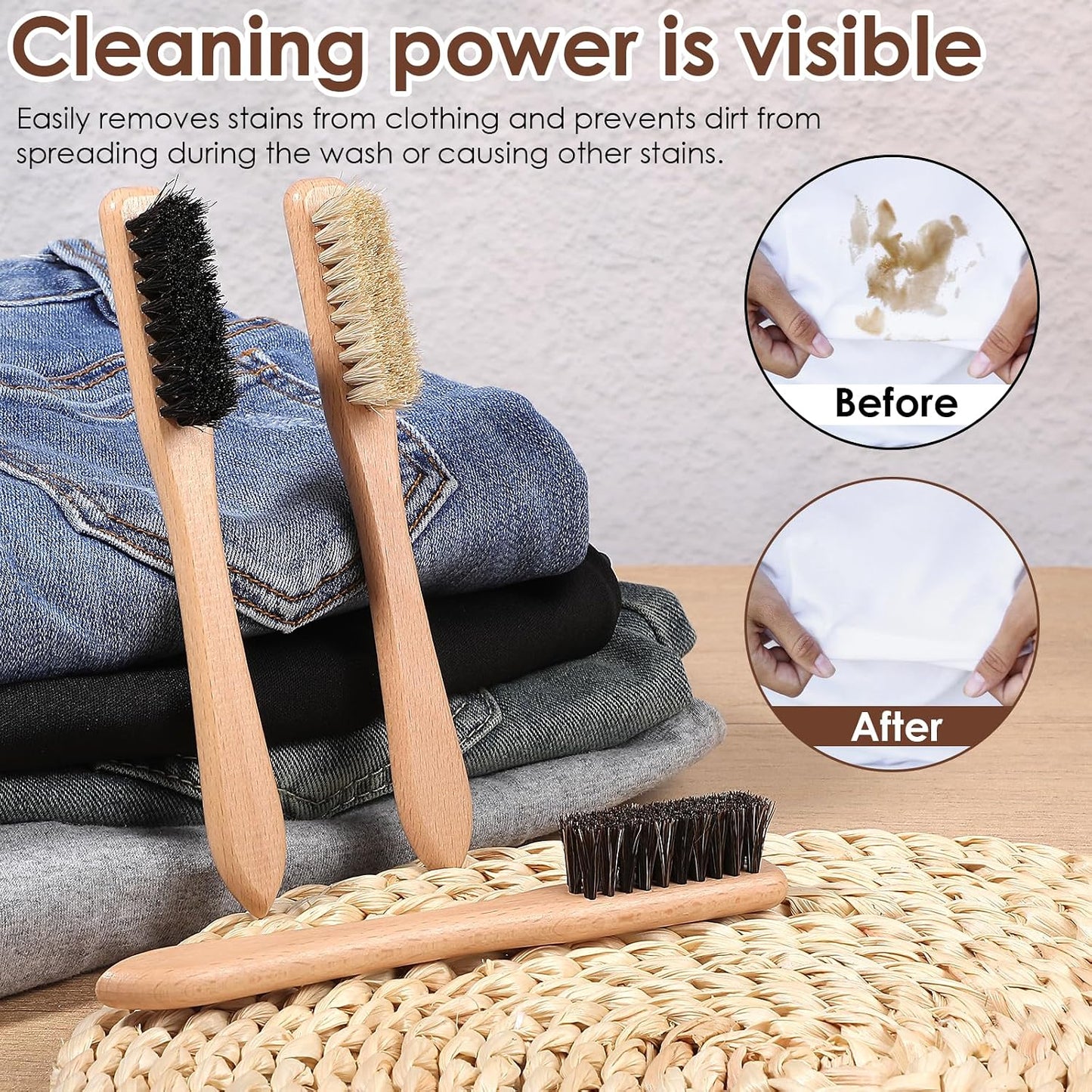 3 Pcs Laundry Stain Brush Wood Laundry Brush for Stains on Clothes Small Remover Brushes with Boar Bristle for Cleaning Small Spaces Home Furniture Fabric Leather Stains