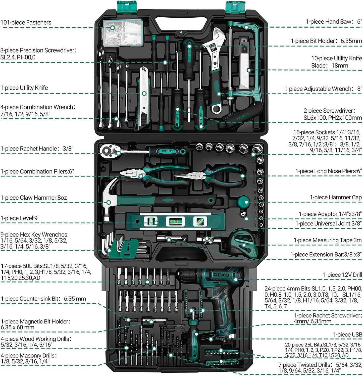 Pink Tool Kit Box Drill Set：DEKOPRO Home Mechanic Toolbox with 12V Power Cordless Drill Hand Repair Tools Sets Combo Kits Storage Organizer Drawer Case for Men & Women