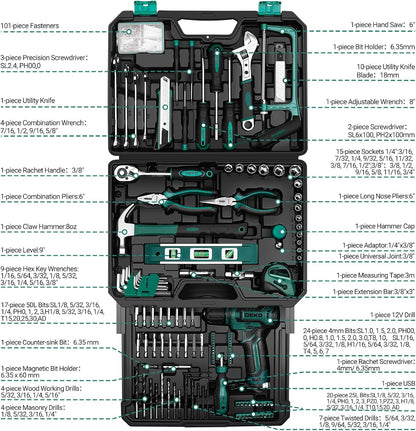 Pink Tool Kit Box Drill Set：DEKOPRO Home Mechanic Toolbox with 12V Power Cordless Drill Hand Repair Tools Sets Combo Kits Storage Organizer Drawer Case for Men & Women