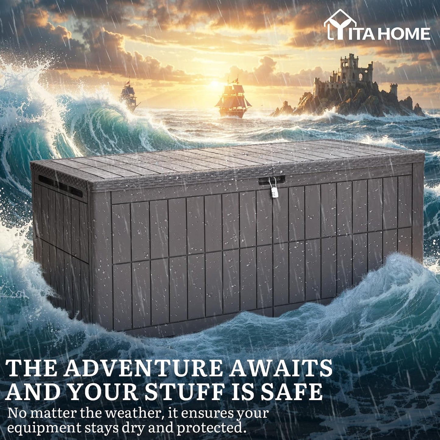 YITAHOME 134 Gallon Large Deck Box | Waterproof Resin Outdoor Storage Box with Lock, Doubles as 2-Person Bench Seating for Patio Furniture Cushions,Garden Tools &