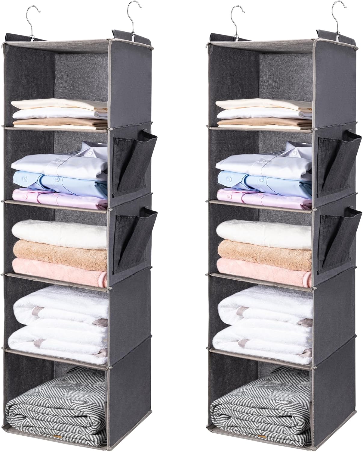 BOOMIBOO Hanging Closet Organize and Shelves，5-Hanging Shelf with 2 Side Pockets，Storage Foldable （Grey）