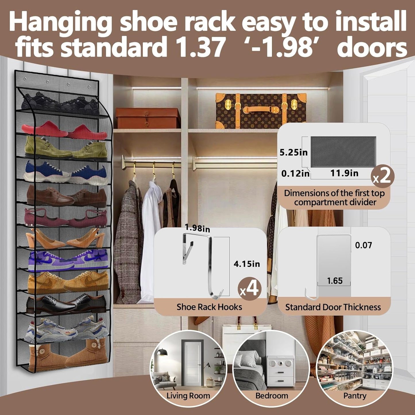 PAULONE 12 Pocket Over the Door Shoe Organizer,Reusable Breathable Large Mesh Bag Men's & Women's Sneaker Organizer,Shoe Organizer for Kids,Hanging Shoe Storage Hanging Bag (White)