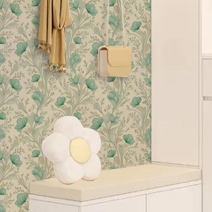 Peel and Stick Wallpaper, Self - Adhesive Removable Light Beige with Green Flowers Pattern, PVC Contact Paper for Bedroom/Living Room/Kitchen/Bathroom/Cabinet, Renter Friendly, 17.7inx118in