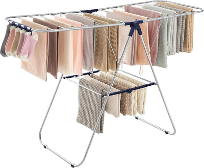SONGMICS Clothes Drying Rack, with Sock Clips, Metal Laundry Rack, Foldable, Space-Saving, Free-Standing Airer, with 2 Height-Adjustable Gullwings, Indoor Outdoor Use, Gray ULLR052G01