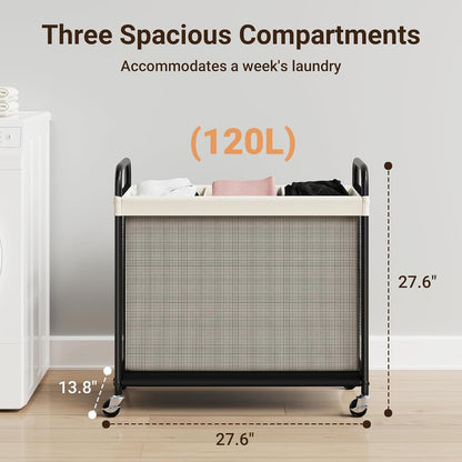 ELYKEN Laundry Hamper 3 Section, 120L Rolling Laundry Sorter with Removable Liner Bag, Laundry Basket with Wheels, Steel Frame with Metal Handle, Clothes Hamper Cart for Laundry Room & Bedroom