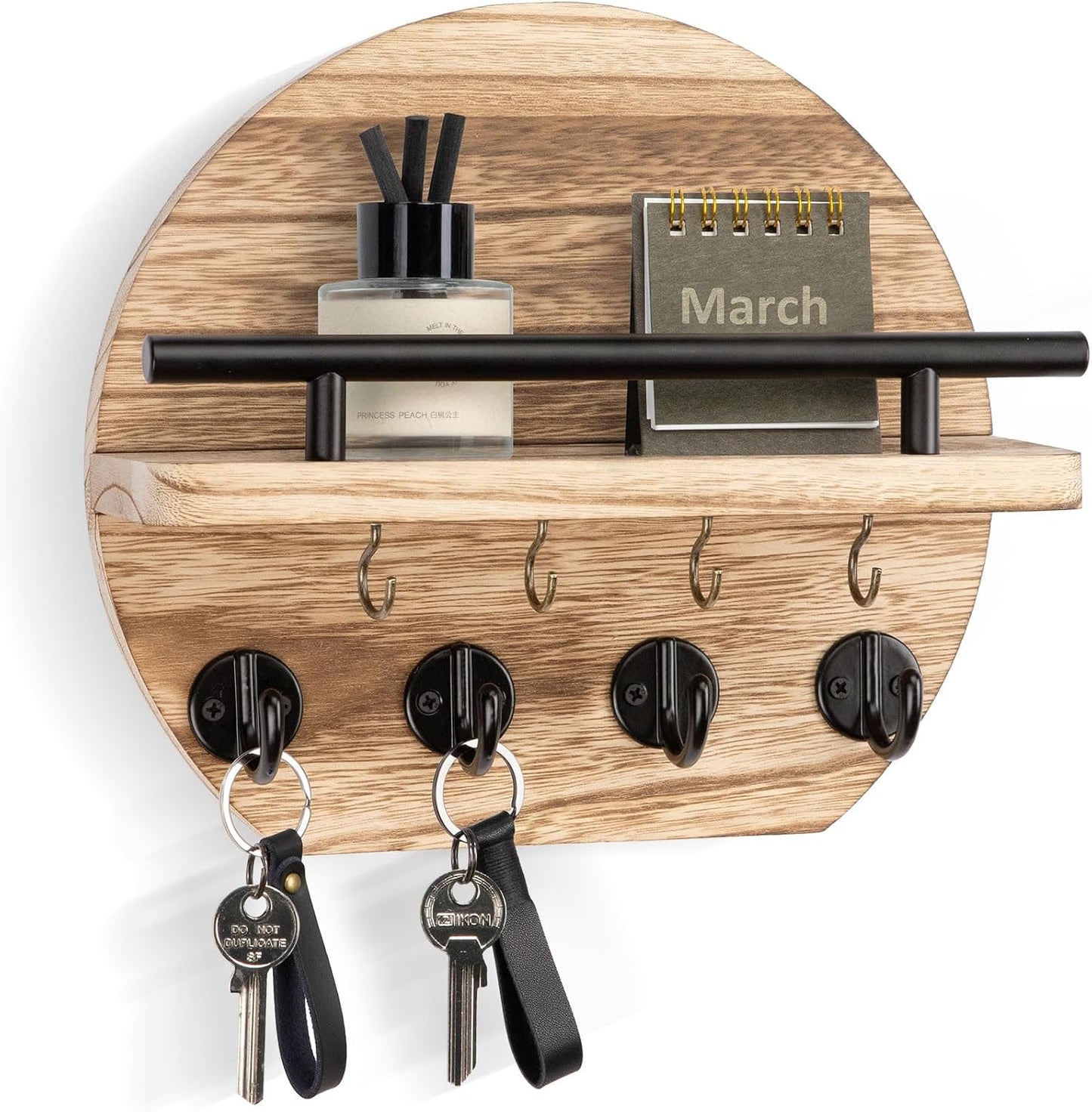 Nekon Key Holder for Wall - 9.8 Inch Apartment Wall Decor with Shelf and 8 Key Hooks, Circular Wood Key Hanger for Home Decor (Black with Golden Hooks)