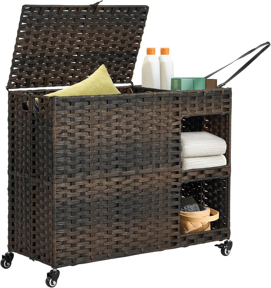 Laundry Hamper with Wheels, 42.3 Gal.(160 L) Laundry Sorter with Shelves, Rattan Clothes Hamper with 4 Removable Liners & 3 Mesh Bags, Handwoven Organizer for bedroom, bathroom, laundry room, Natural