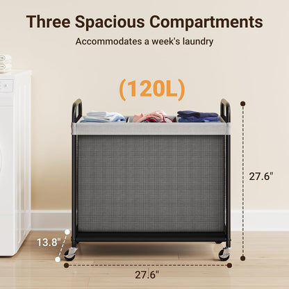 ELYKEN Laundry Hamper 3 Section, 120L Rolling Laundry Sorter with Removable Liner Bag, Laundry Basket with Wheels, Steel Frame with Metal Handle, Clothes Hamper Cart for Laundry Room & Bedroom