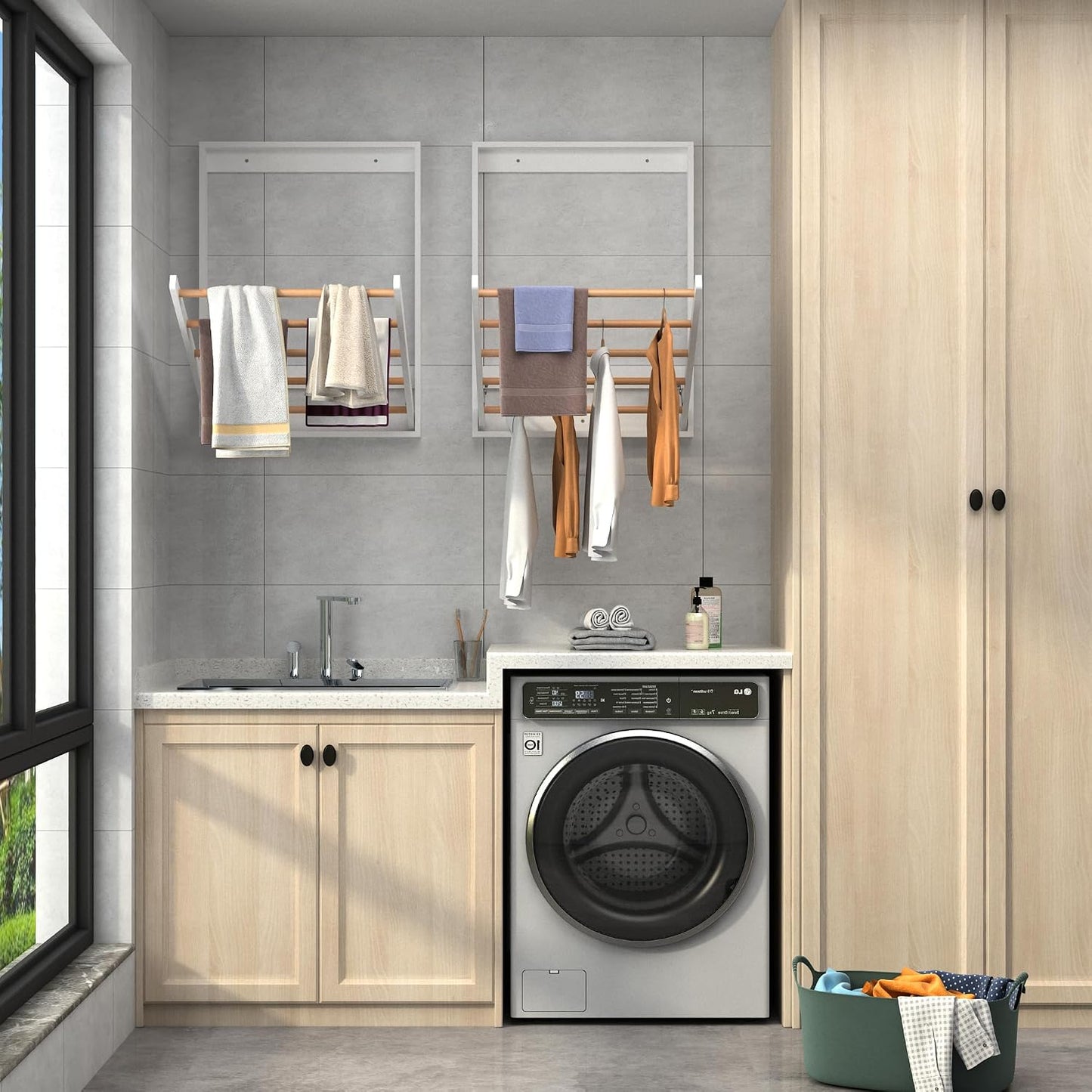 Wooden Wall Mounted Clothes Drying Rack for Laundry Room,White | Solid Wood Crossbar|Space-Saving Design|Easy Installation|Wall-mounted Pull-down Folding Design