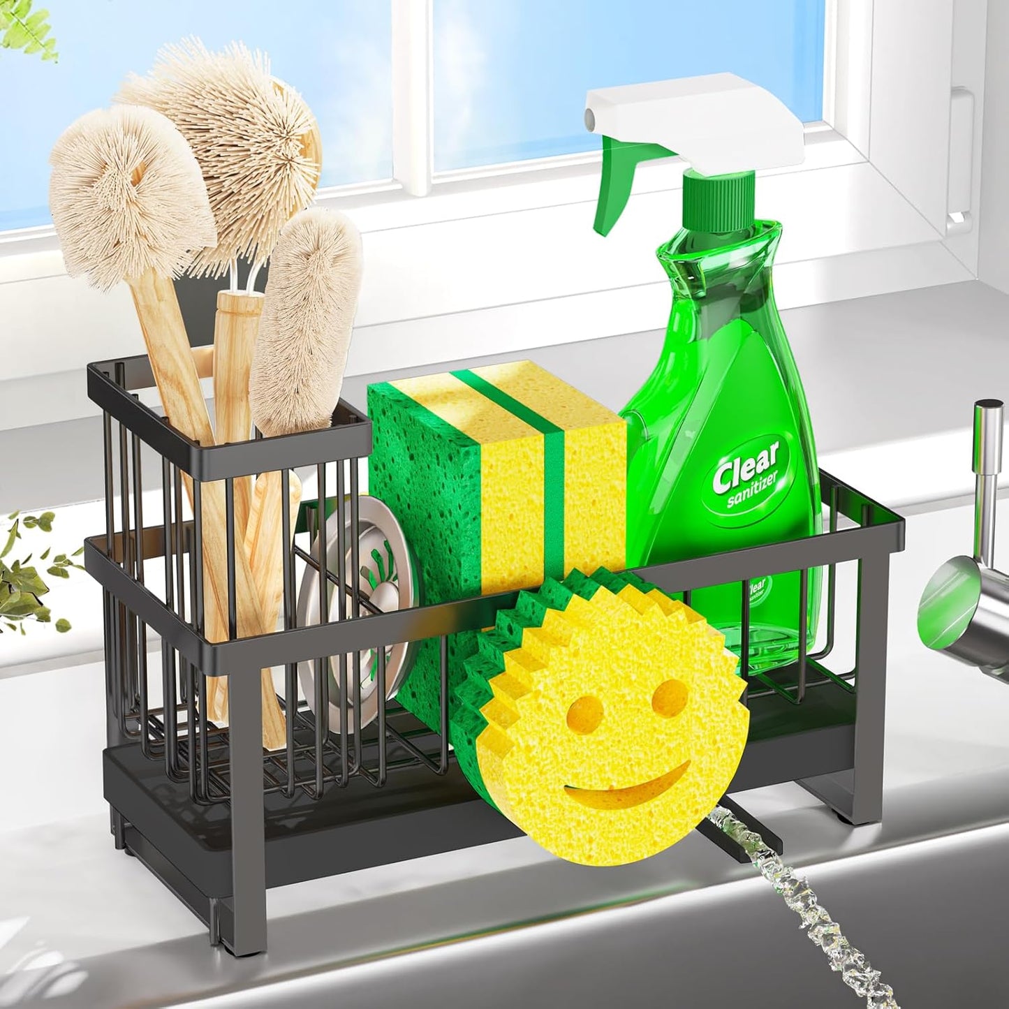 Sponge Holder for Kitchen Sink,Smiley Face Sink Caddy with Removable Brush Holder,Self-Draining Sponge Caddy for Soap,Dish Brush,Scrubber,Kitchen Essentials and Gadgets-Silver