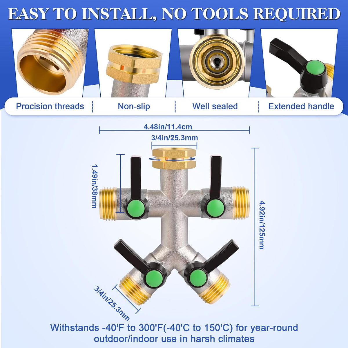 EJW Hose Splitter, 2 Way Hose Splitter, Garden Hose Splitters,Faucet Splitters, Outdoor Faucet Splitter, 2 Way Hose Connector,Brass Splitter, 3/4” GHT Threads.