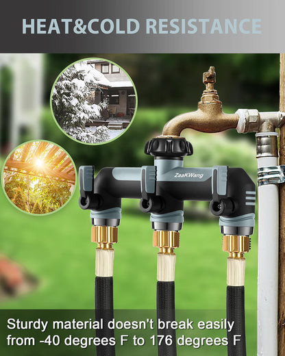 Garden Hose Splitter 2 Way, Heavy Duty Water Hose Spigot Bib Splitter, Outdoor Faucet Splitter with Shutoff Valve, T Adapter Connector with 3/4 - Inch GHT Thread (Grey)