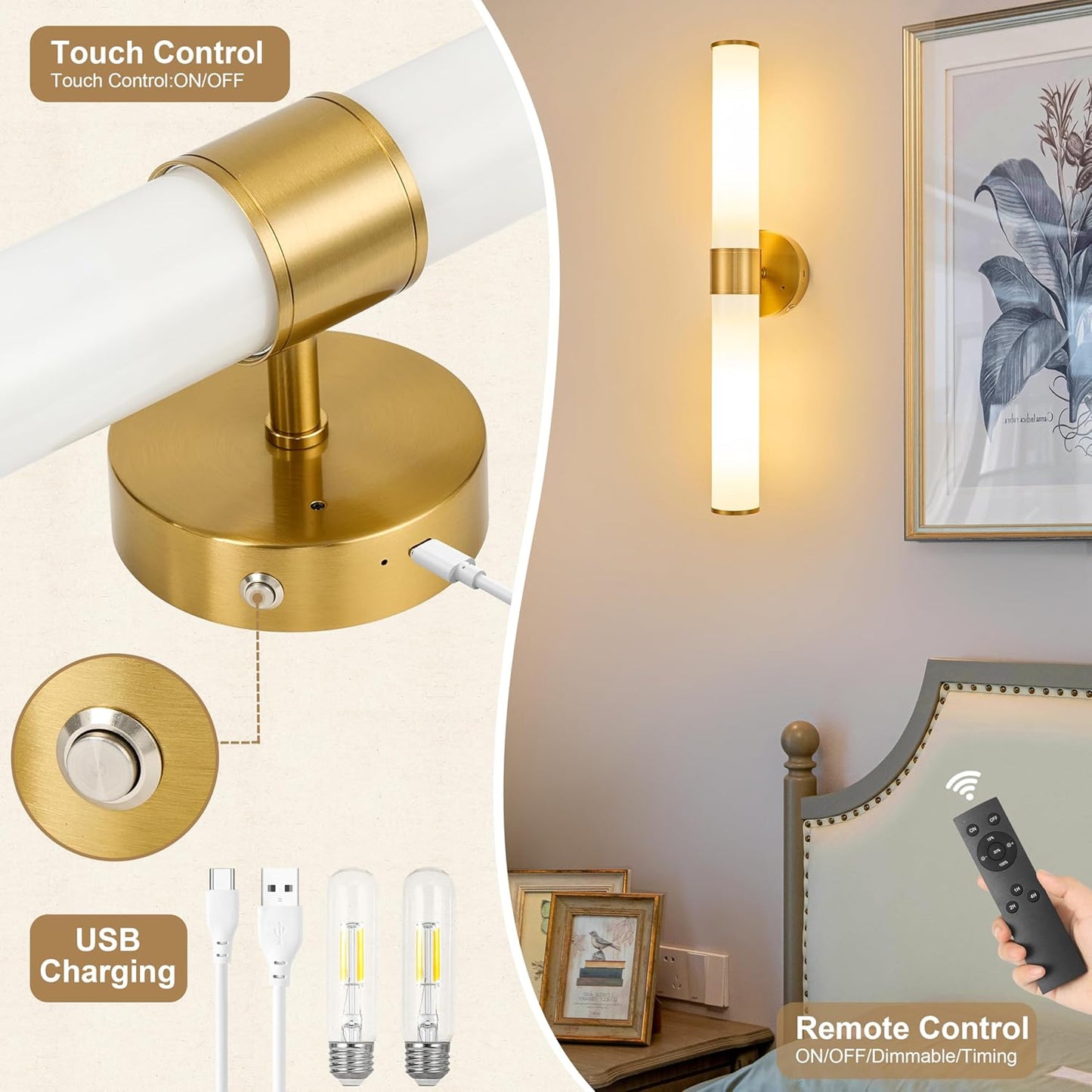 Morauroral Gold Battery Operated Wall Sconces Set of Two, Rechargeable Wall Sconce with Dimmable Remote Control, 20 Inch Wireless Sconce Wall Light for Bedroom, Living Room (Bulbs Included)