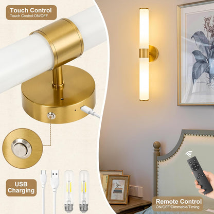 Morauroral Gold Battery Operated Wall Sconces Set of Two, Rechargeable Wall Sconce with Dimmable Remote Control, 20 Inch Wireless Sconce Wall Light for Bedroom, Living Room (Bulbs Included)