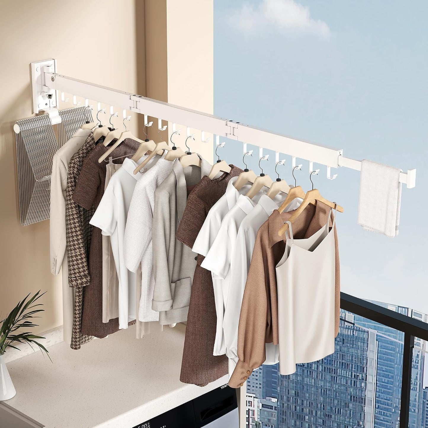 Wall Mounted Tri-Fold Clothes Drying Rack, Heavy Duty Collapsible Laundry Drying Rack, Space-Saving Retractable Foldable Drying Rack Clothes for Laundry Room Balcony Bathroom,Black-Hooks