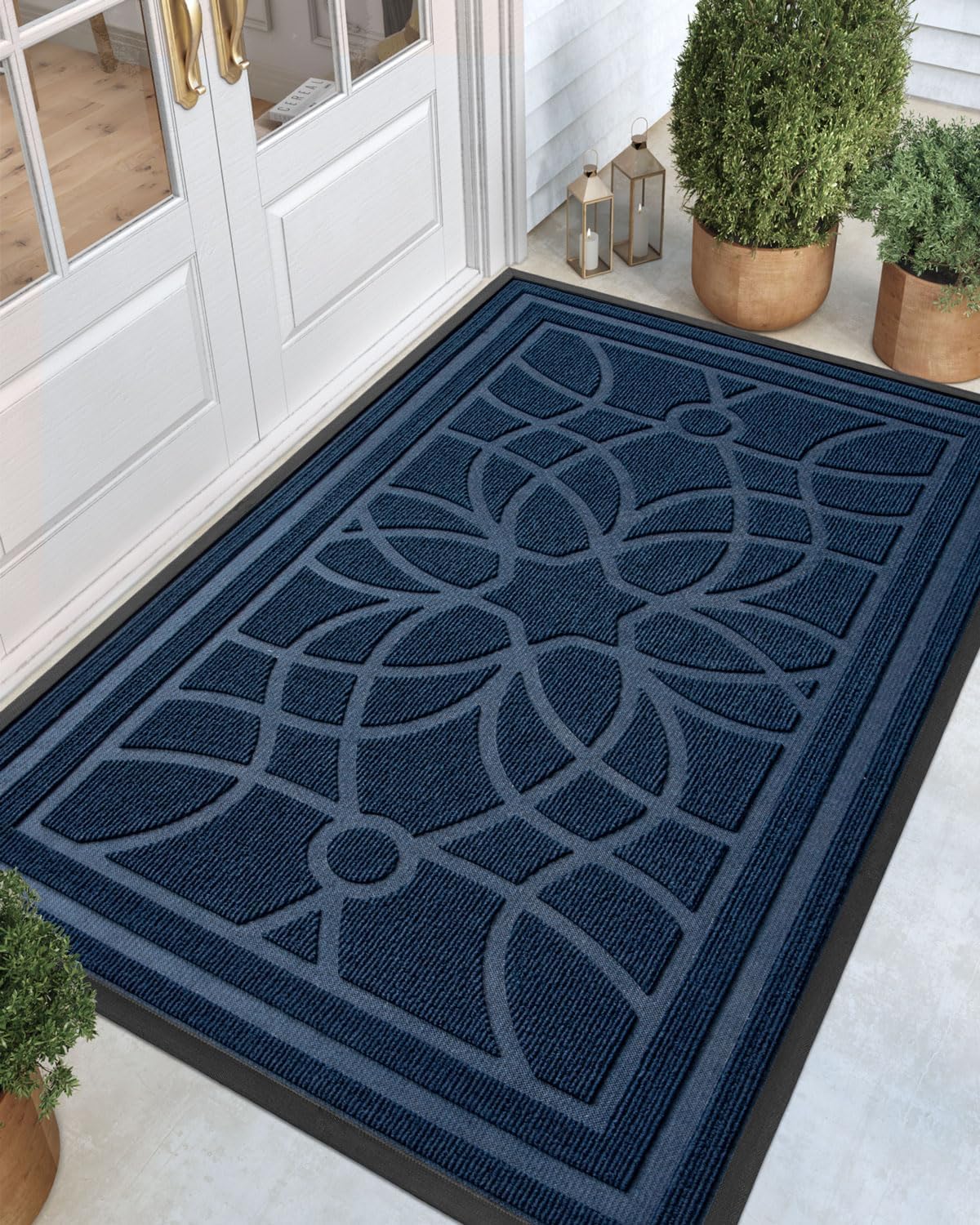 DEXI Front Door Mat Outside Entrance, Heavy Duty Non Slip Low Profile Doormat for Entryway, Trap Dirt and Moisture Welcome Mats, Easy Clean, Patio, Garage, 3x2, Blue
