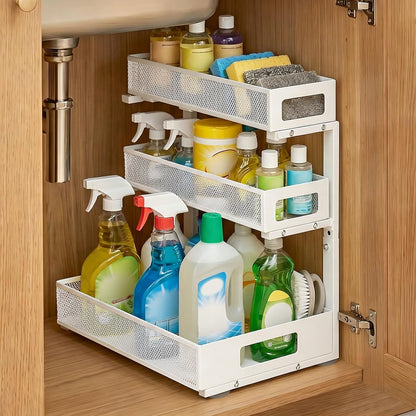 3 Tier Under Sink Organizer,2 Pack Pull Out Cabinet Shelves with Adjustable Height,Heavy Duty Carbon Steel L-Shaped Storage for Kitchen Bathroom Sink,Pantry & Laundry,White