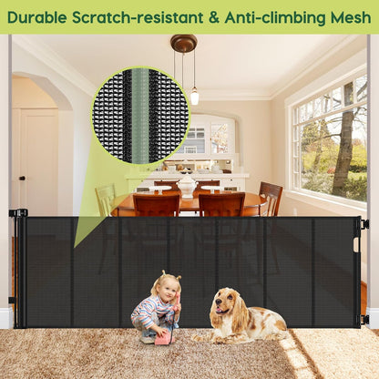 Reinforced 55" Wide Retractable Baby Gates with Reinforced Strips, Indoor/Outdoor Retractable Dog Gate for Doorway Prevent Bottom Drilling Through, No Bottom Bar Safety Mesh Baby Gate for Stair, Black