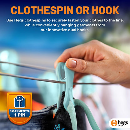 Hegs 24 Pack Multi-Color - The Smartest Heavy Duty Clothespins with Hooks - Hang 3 Garments at Once with Our Tough, Dual Hooks Clothes Pins with Anti-Rust Spring - Durable, Colorful Clothespins