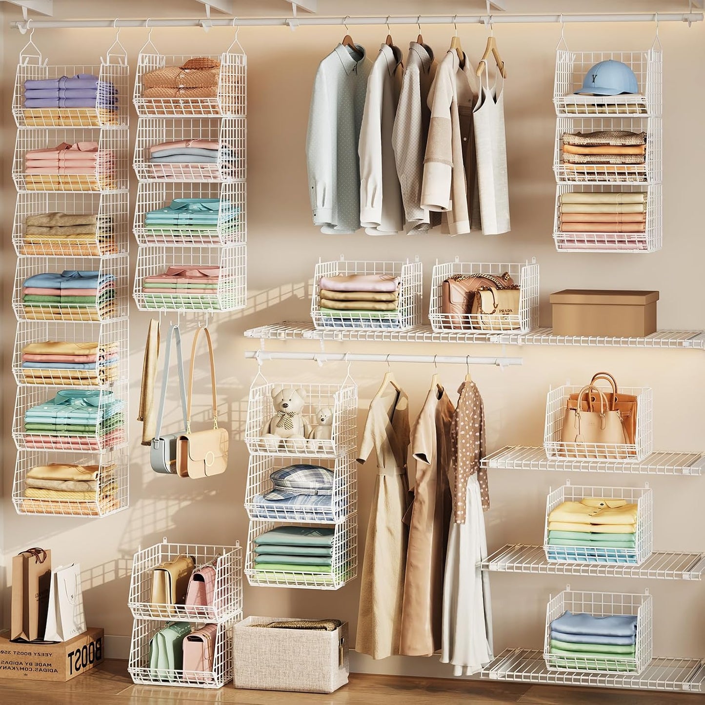 X-cosrack 3-Tier Hanging Closet Organizer, Laundry Room Organization | Space Saving Shelves with 1.65" Hook & 5 S-Hooks | Hanging Wire Baskets (12.4" W x 8.8" H x 10.24-11.8" D)