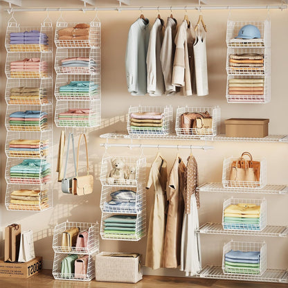X-cosrack 3-Tier Hanging Closet Organizer, Laundry Room Organization | Space Saving Shelves with 1.65" Hook & 5 S-Hooks | Hanging Wire Baskets (12.4" W x 8.8" H x 10.24-11.8" D)