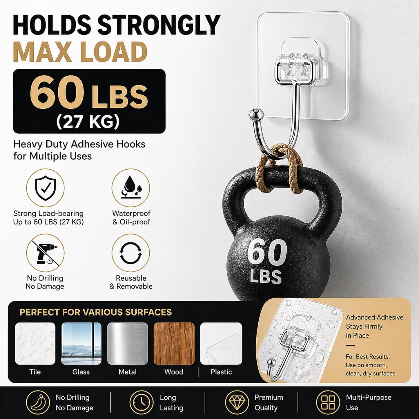 Heavy Duty Adhesive Hooks 60lb Max, 12 Pack Wall Hooks, Strong Stick On Hooks Traceless Waterproof & Rustproof for Bathroom Kitchen Home Hanging (12, Clear)