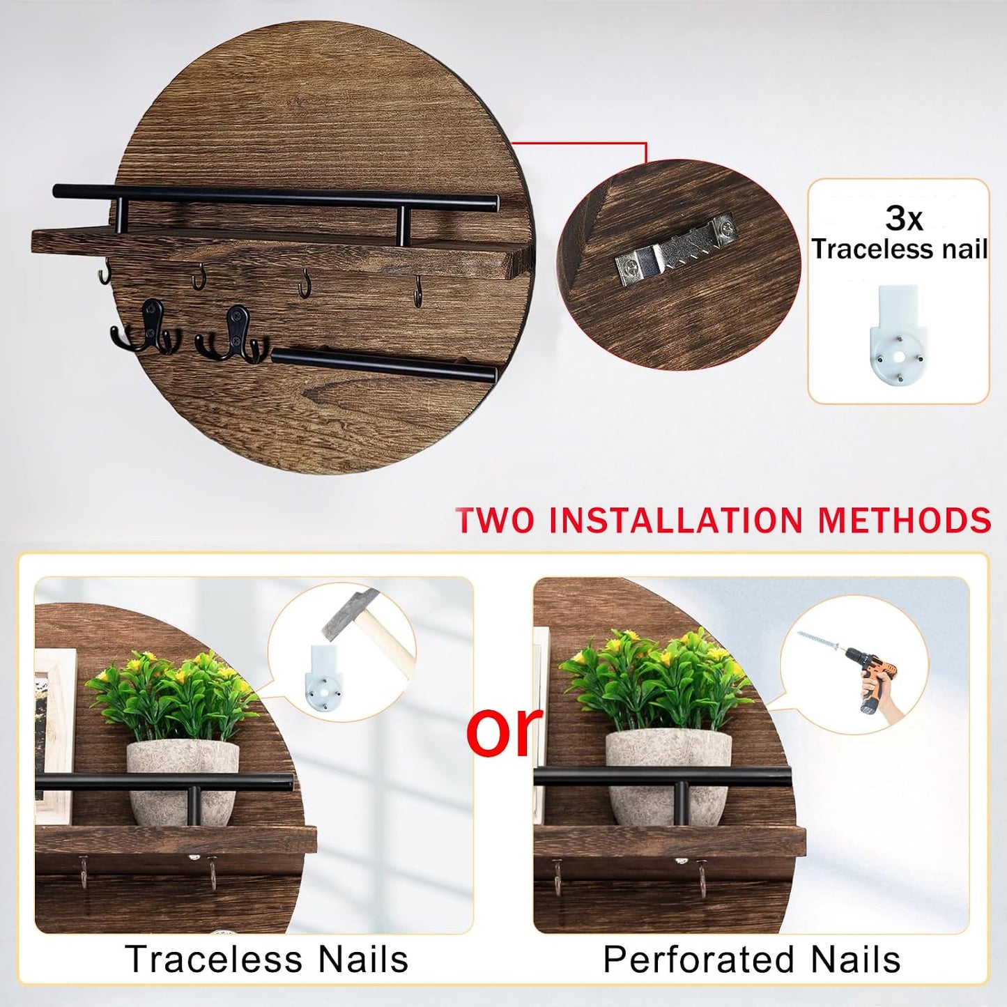 dreampossible Key Holder for Wall Decorative with Shelf and Hooks, Mail Organizer Wall Mount, Circular Design Entryway Key Rack Hanger, Rustic Home Decor (Black)