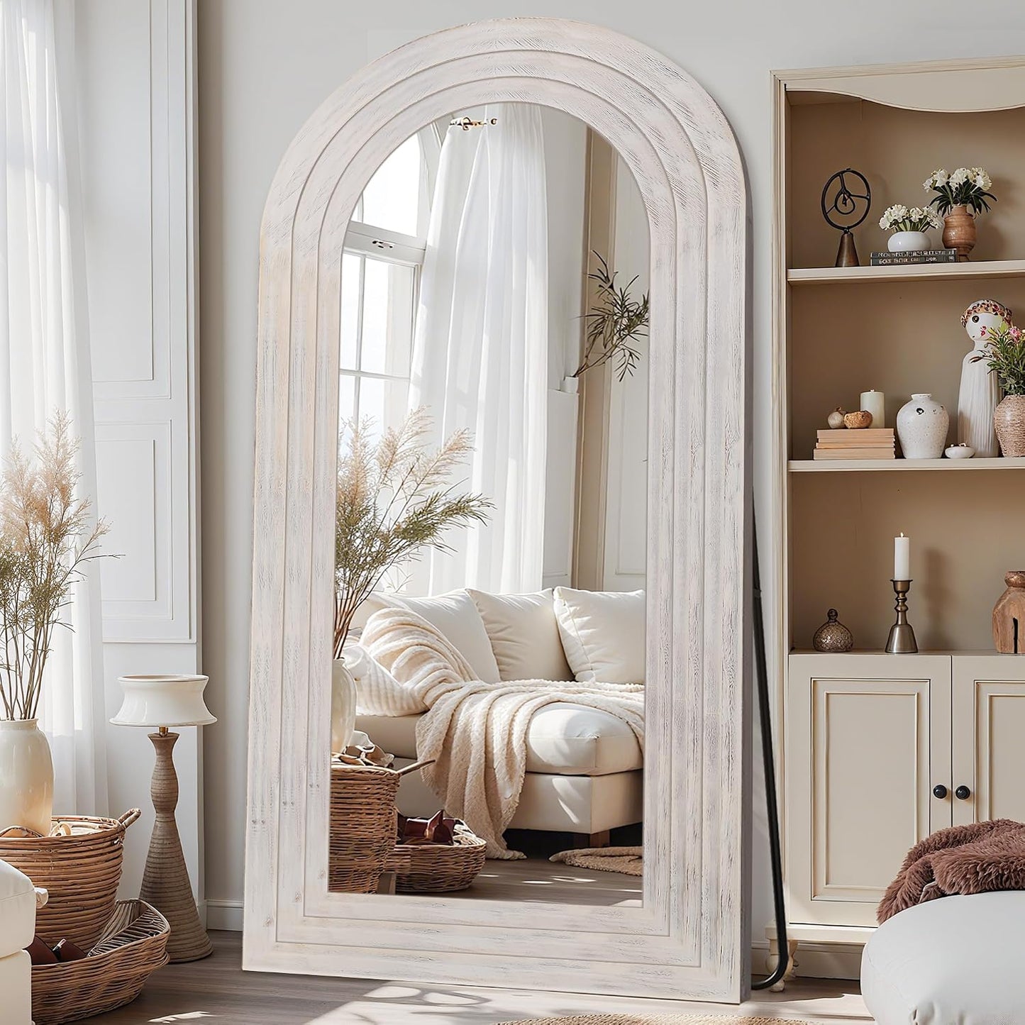 Antok Full Length Mirror with Solid Wood Frame, 71"×32" Wall Mounted Oversized Floor Mirror with Stand, Leaning Standing Hanging for Bedroom Living Room Entryway, Walnut, Arched Syle