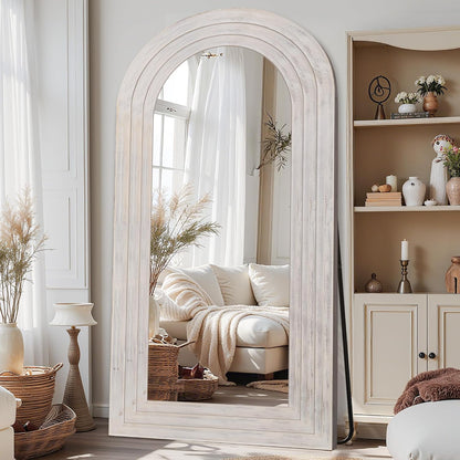 Antok Full Length Mirror with Solid Wood Frame, 71"×32" Wall Mounted Oversized Floor Mirror with Stand, Leaning Standing Hanging for Bedroom Living Room Entryway, Walnut, Arched Syle