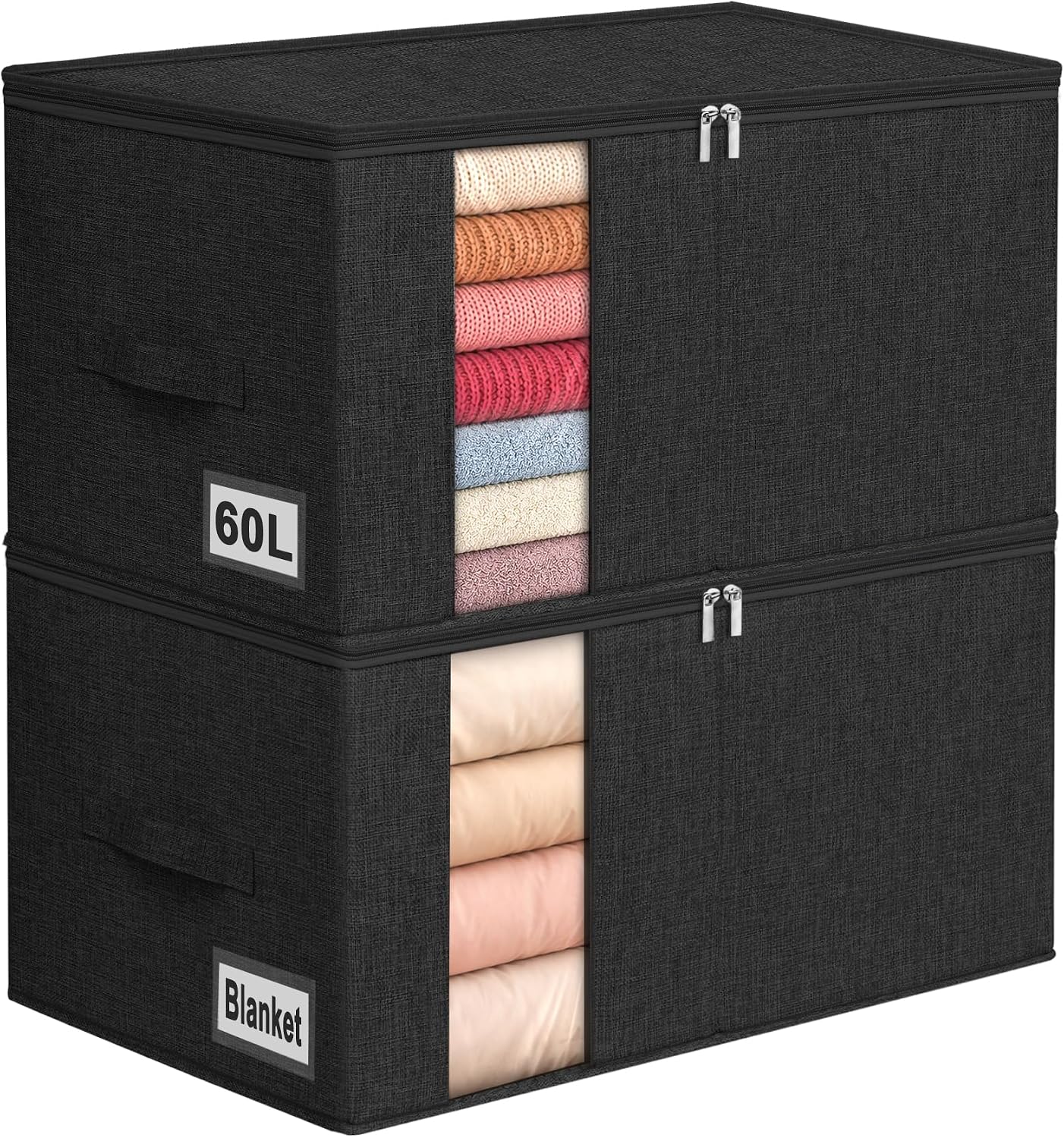 60L Blanket/Comforter Storage Bag w/Rigid Side & Bottom Support, Stackable Clothes Storage Bin for Sweaters Bedding Sets Quilts Pillows, Closet Organizer, 21.7x14.2x11.8in, 2 Pack, Gray