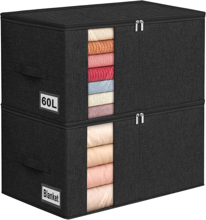 60L Blanket/Comforter Storage Bag w/Rigid Side & Bottom Support, Stackable Clothes Storage Bin for Sweaters Bedding Sets Quilts Pillows, Closet Organizer, 21.7x14.2x11.8in, 2 Pack, Gray