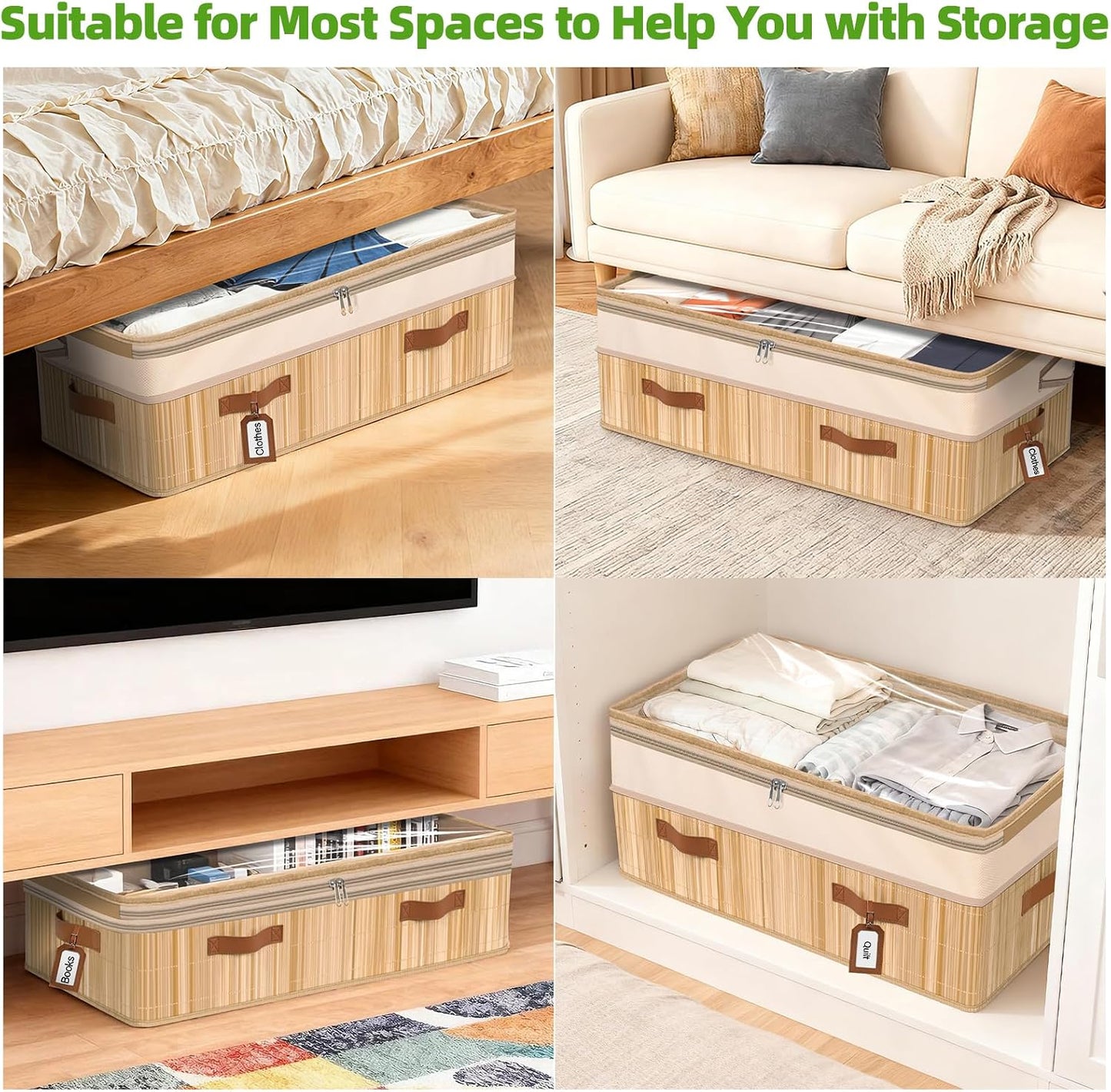 Livole 2 Pack Bamboo Under Bed Storage Containers with Wheels | Breathable Bamboo, Invisible Wheels, 6 inches Height, 56L Large Capacity, Easy Setup, Handles, Clear Lid