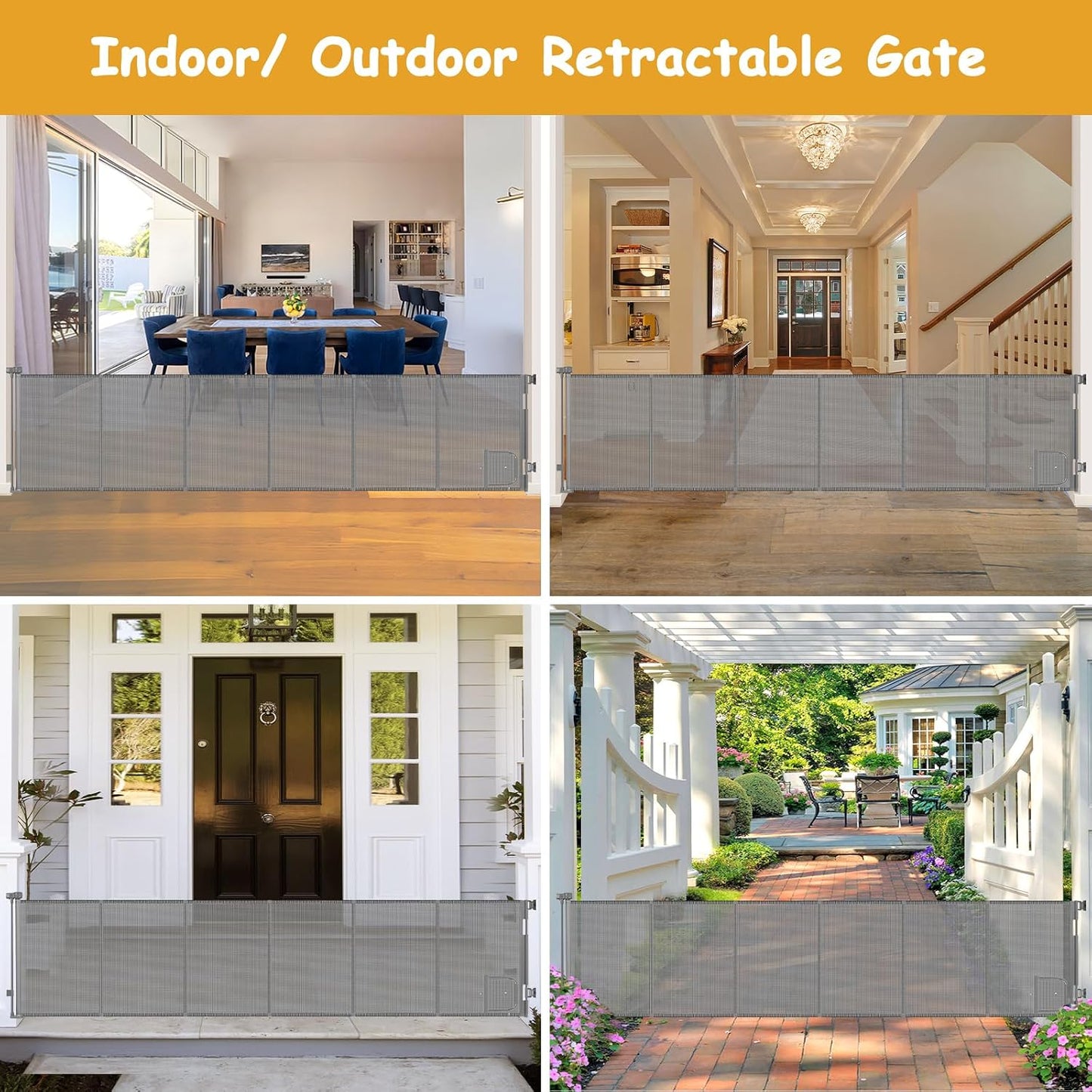 Reinforced 150” Extra Wide Pet Gate with Door 37 Inch Tall Retractable Dog Gates for Doorways Extra Wide Baby Gates for Large Openings with Reinforced Strips 12.5ft Large Dog Gate with Cat Door, White