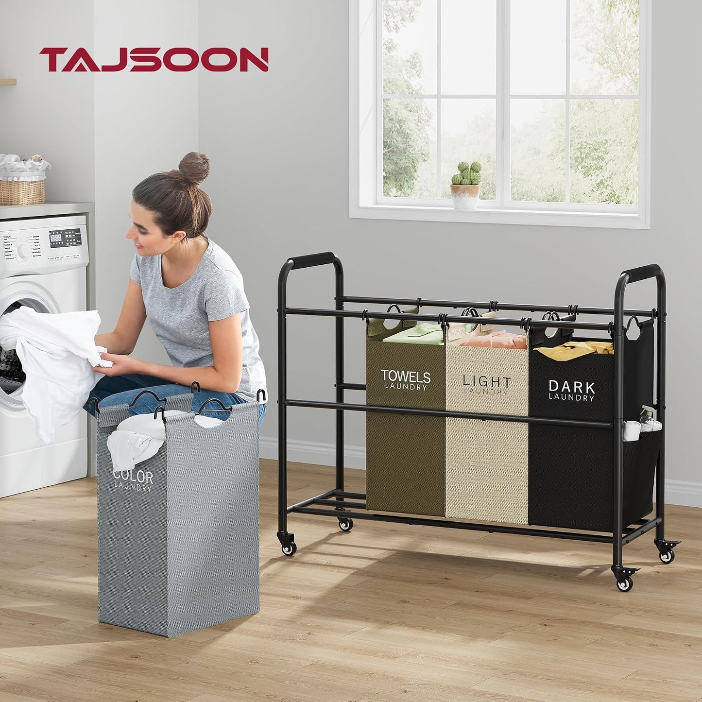 Tajsoon 4 Bag Laundry Sorter Cart, 4 Section Laundry Hamper Sorter with Heavy Duty Lockable Rolling Wheels, Laundry Separator Hamper with Removable Bags for Dirty Clothes Storage, Black