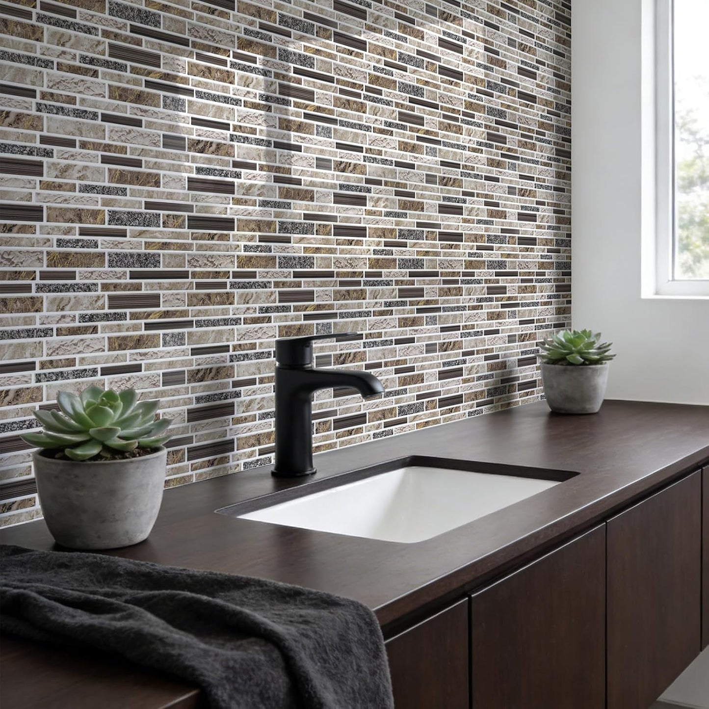 Vieshful 10 Sheet Peel and Stick Backsplash for Kitchen Wall - 12"x12" Smooth PVC 3D Visual Effect Marble Tile Stickers, Waterproof Self Adhesive Light Khaki Wall Tiles for Bathroom, Renter Friendly