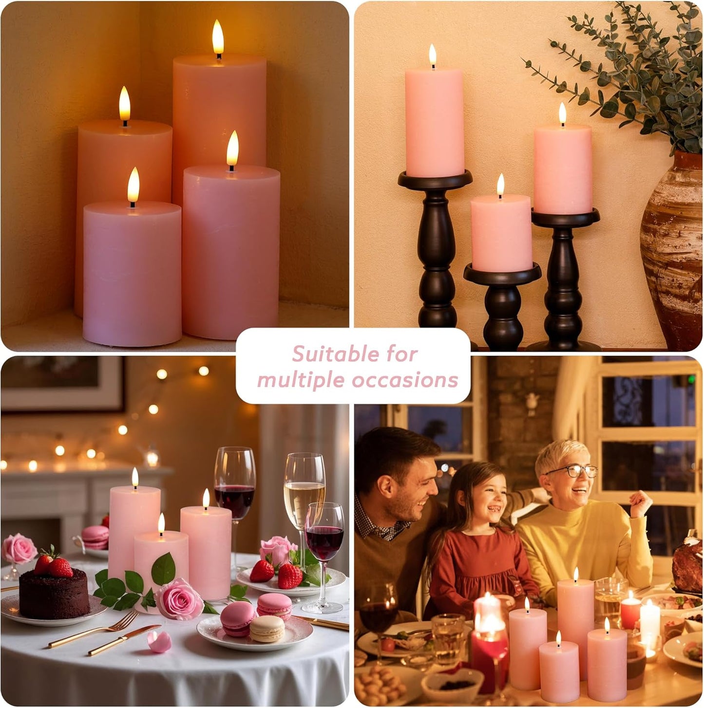 Flickering Flameless Candles, Real Wax Battery Operated Candles with Remote, Flat Top Led Flameless Pillar Candles for Home, Wedding, Party Decor, Set of 4, Φ 3" H 4" 5" 6" 8", Ivory