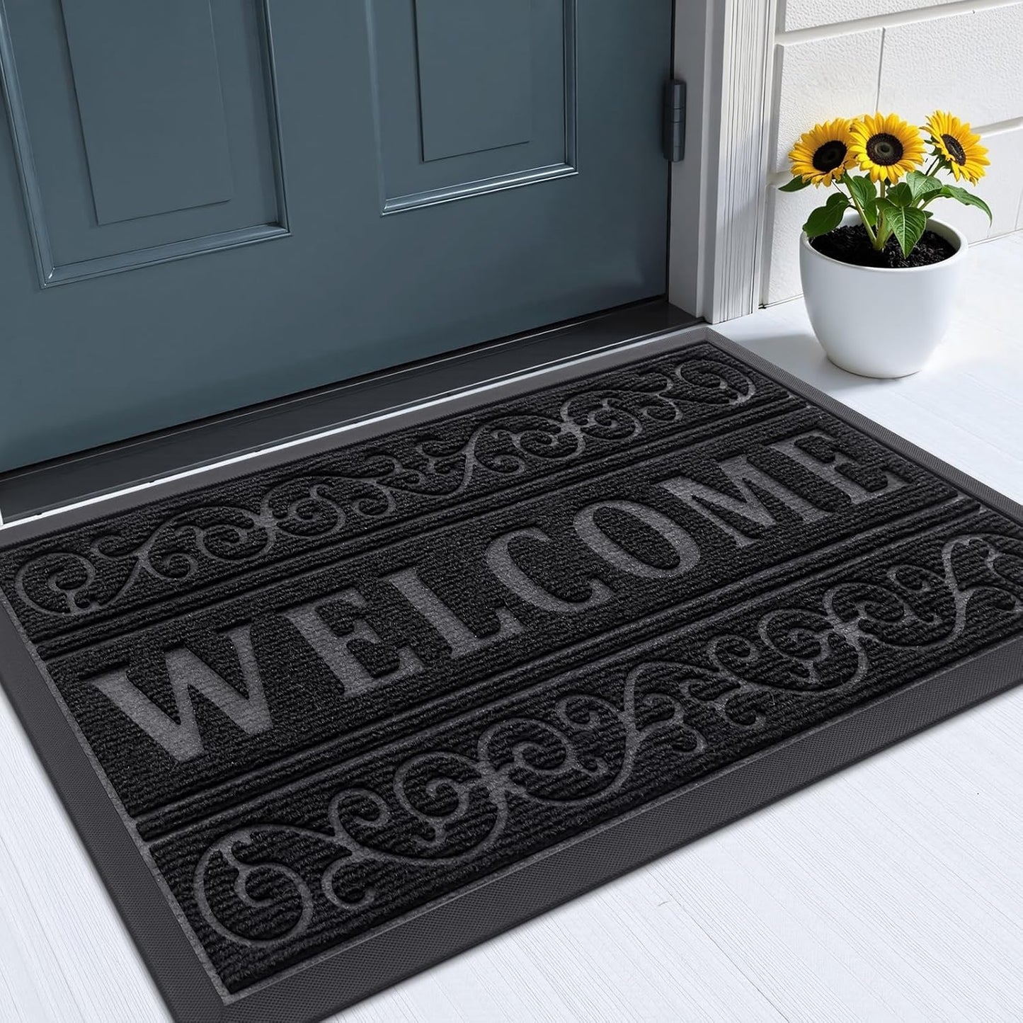 OLANLY Front Door Mat Outside Entrance 29.5x17, Absorbent, Heavy Duty Sturdy Natural Rubber Doormat Indoor Outdoor, Stain and Fade Resistant, Non-Slip Backing Low Profile Floor Mat for Entryway, Grey
