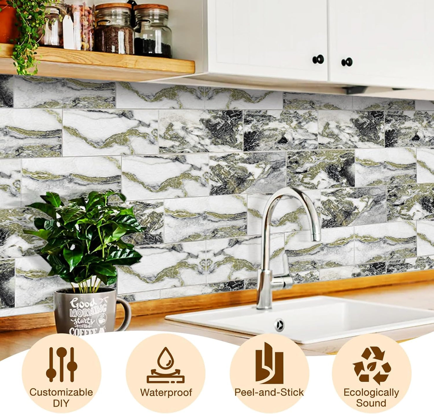 Havenly Peel and Stick Backsplash Tile for Kitchen & Bathroom Walls (White, 10 Tiles - 9.7 sq. ft. (0.9 m²))
