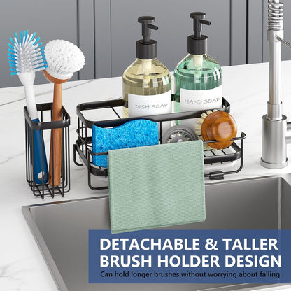 Trendy Sink Caddy Kitchen Organizer, Non-Slip Dish Soap Dispenser Rack with Drain Tray, Rustproof Brush Holder for Countertop Storage (Matte Black)