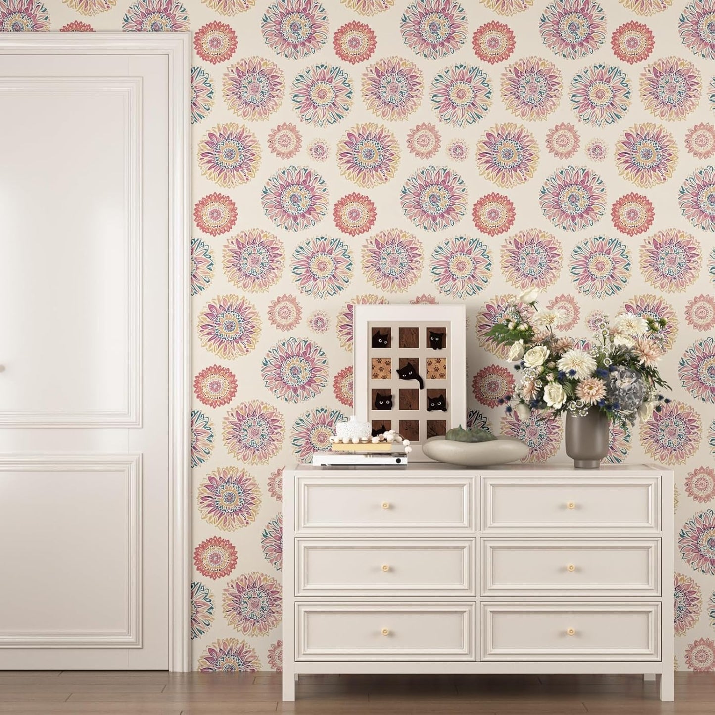 Blue Wallpaper Peel and Stick,Vintage Boho Floral Contact Paper 17.5" x 118", Retro Botanical Flower Wall Paper Self Adhesive Removable Waterproof for Walls Shelves Cabinet Table (Blue,Yellow, Green)