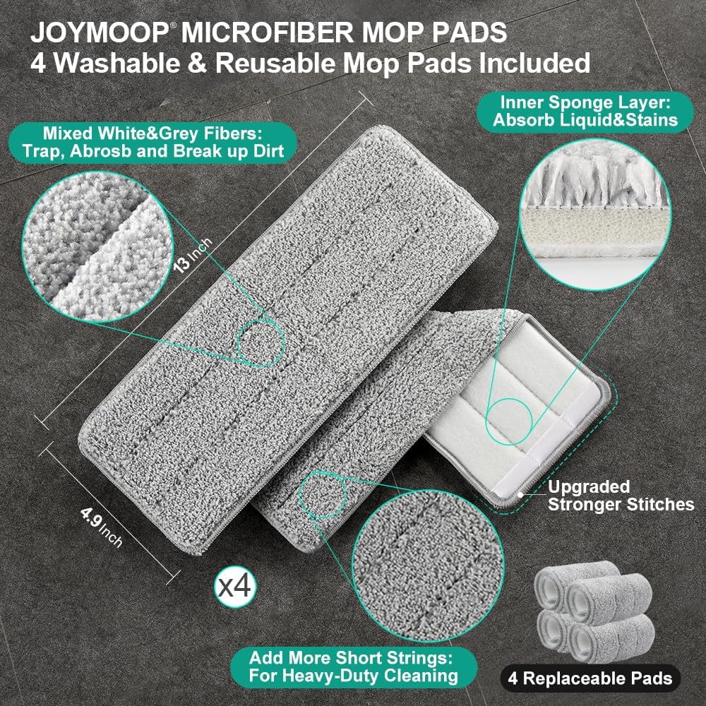 JOYMOOP Mop and Bucket with Wringer Set, Hands Free Flat Floor Mop and Bucket, 60" Mop with 3 Reusable Microfiber Pads, Wet and Dry Use, Floor Cleaning System