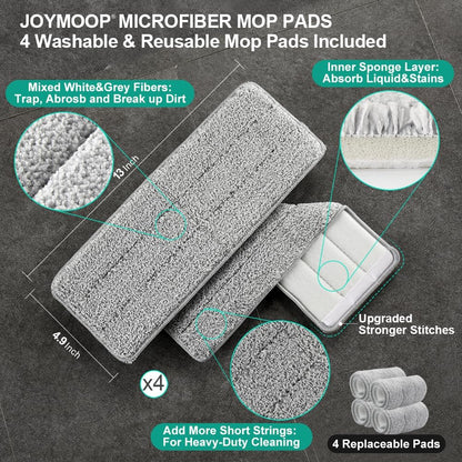 JOYMOOP Mop and Bucket with Wringer Set, Hands Free Flat Floor Mop and Bucket, 60" Mop with 3 Reusable Microfiber Pads, Wet and Dry Use, Floor Cleaning System