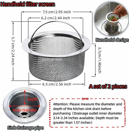 Stainless Steel Kitchen Sink Strainer - Deep Cup Basket Design, 2-Pack, Upgraded Double-Layer Safety, Large Food Catcher, Fits Most Standard Drains (3.14"-3.34" Inner Dia), Rustproof, Easy to Clean