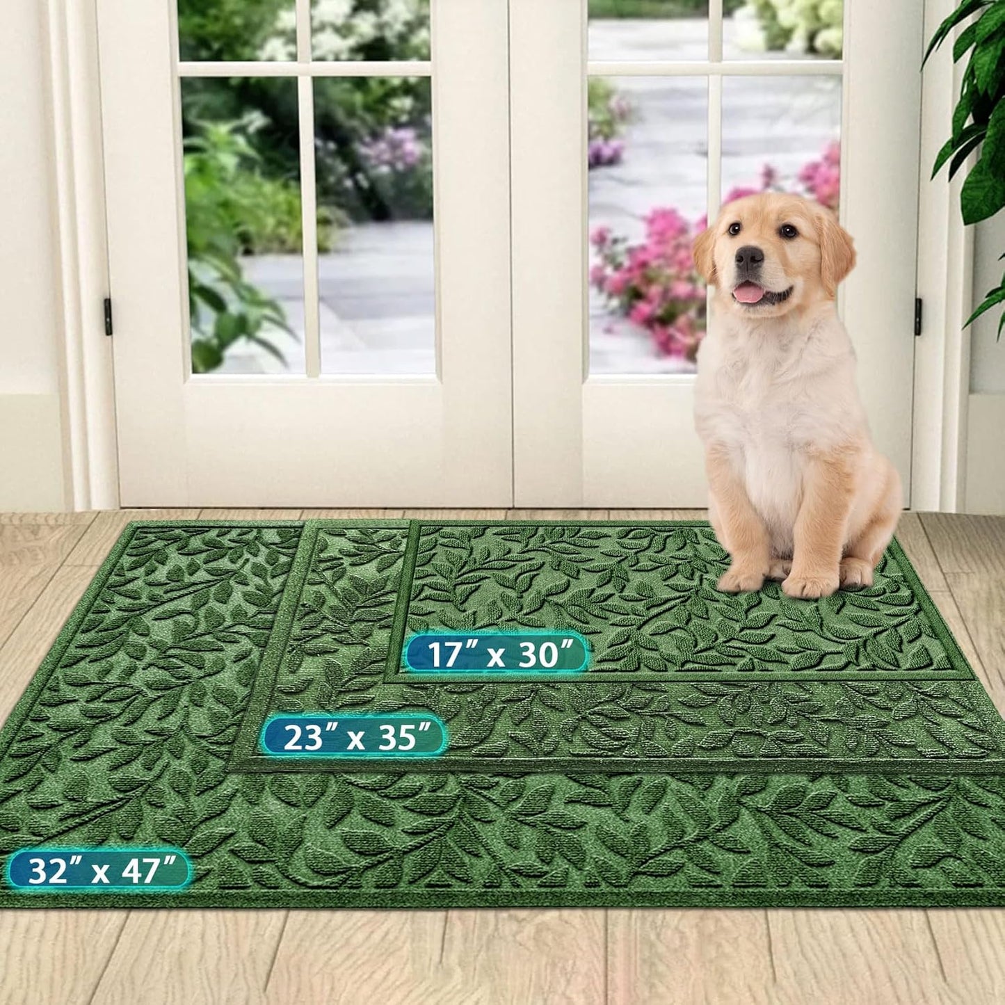 Bulijojo Sturdy Front Entrance Doormats,Durable Heavy Duty Welcome Mat,Thick Absorbent Natural Rubber Non Slip Mat,Easy Clean Entryway Mat 17x30 Inch Leaves Green
